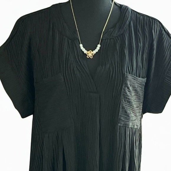 Women’s Babydoll Dress Textures Black Sz Lg V-Cap Sleeve Neck Knee Length Boho. - Picture 8 of 8